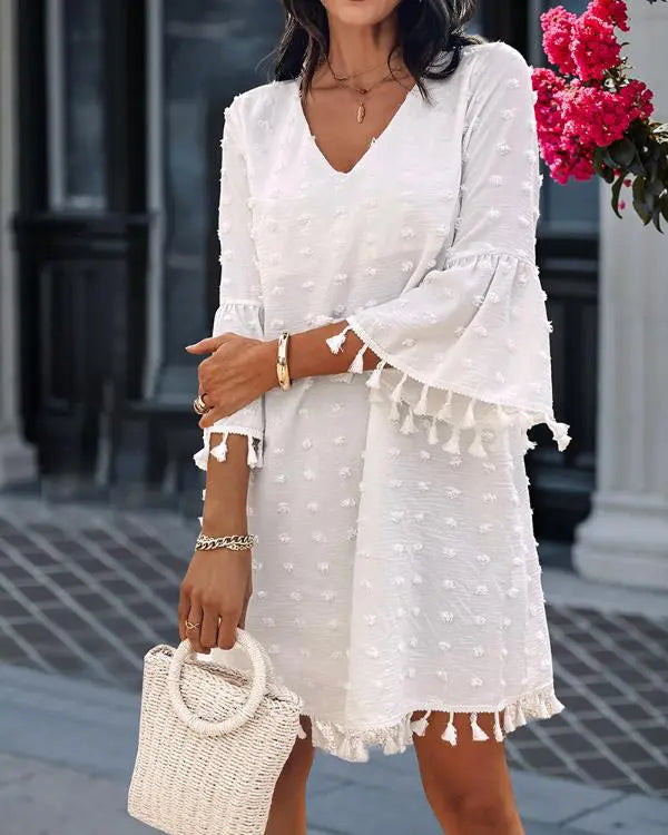 Polka Dot V-Neck Bell Sleeve Mini Dress Casual Loose Fit Dress