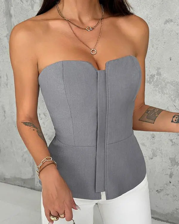 Zip-up Ruffle Hem Slim Fit Bandeau Top