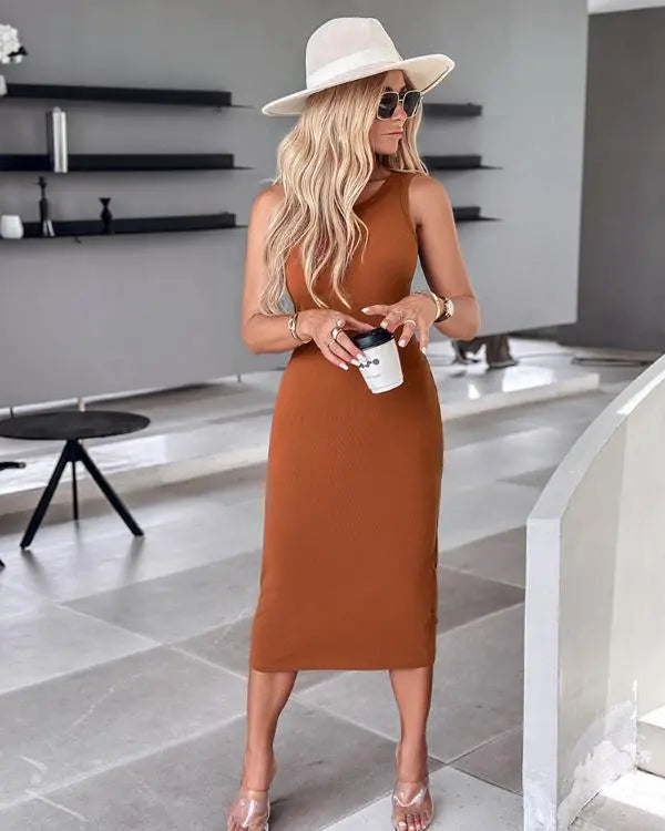 ShapeSculpt Shapewear Built-in Bra Tank Bodycon Dress Sleeveless Crew Neck Slim Casual Ribbed Mid-calf Dress