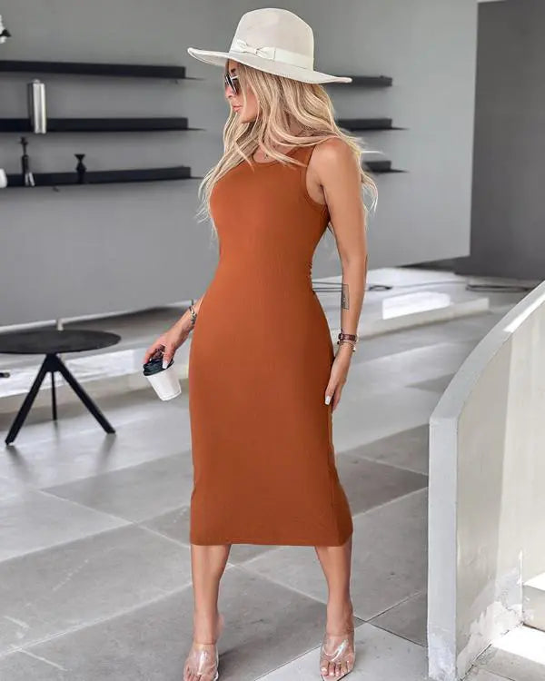 ShapeSculpt Shapewear Built-in Bra Tank Bodycon Dress Sleeveless Crew Neck Slim Casual Ribbed Mid-calf Dress