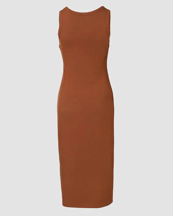 ShapeSculpt Shapewear Built-in Bra Tank Bodycon Dress Sleeveless Crew Neck Slim Casual Ribbed Mid-calf Dress
