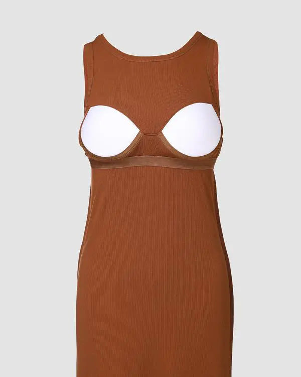 ShapeSculpt Shapewear Built-in Bra Tank Bodycon Dress Sleeveless Crew Neck Slim Casual Ribbed Mid-calf Dress
