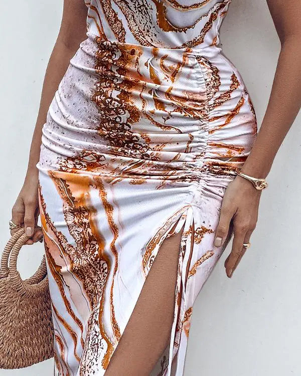 Contrast Leopard Print Drawstring Slit Casual Dress