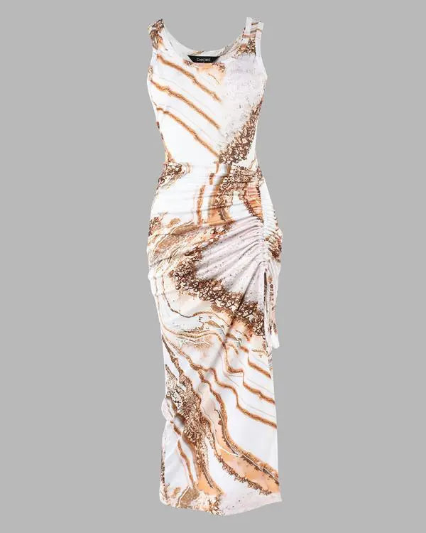 Contrast Leopard Print Drawstring Slit Casual Dress