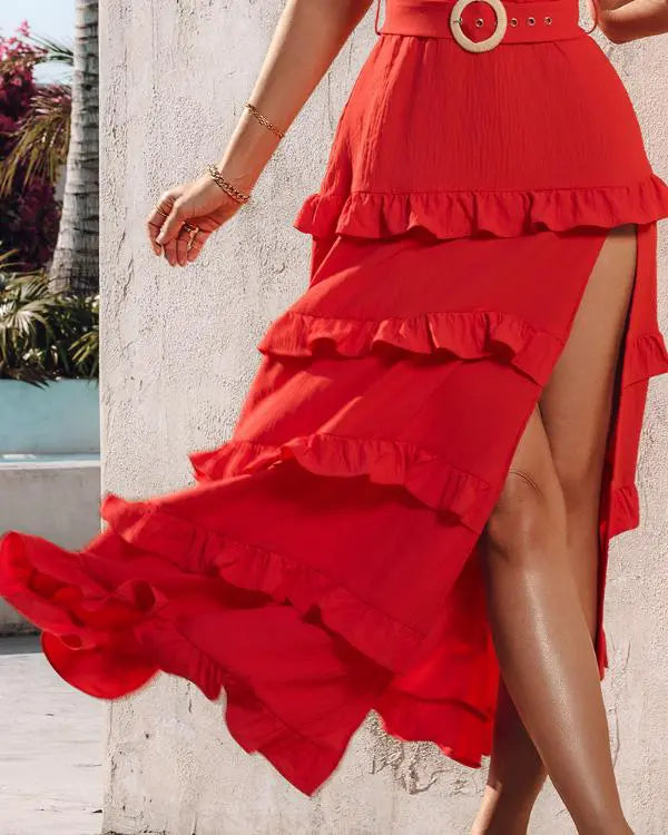 Spaghetti Strap Lace-up Ruffle Hem Maxi Dress Belted Sexy Slit Dress