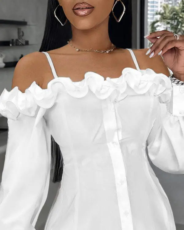 Ruffle Hem Buttoned Off Shoulder Top