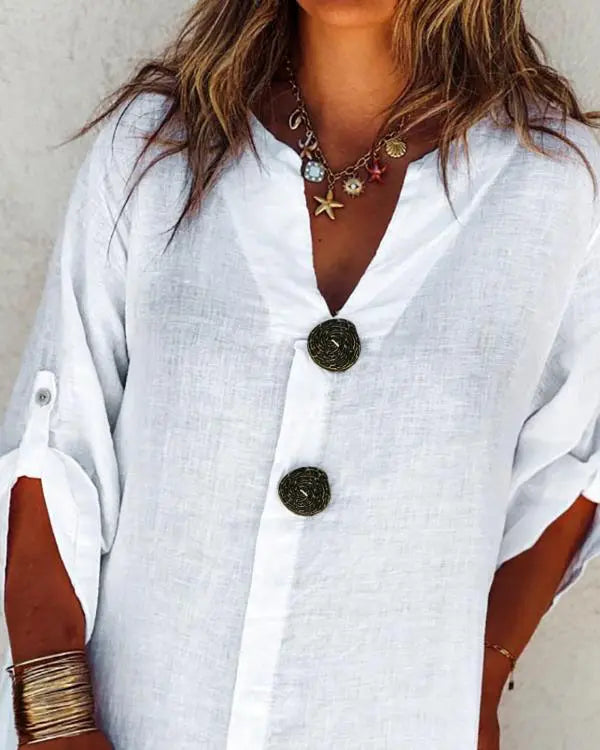V-Neck Long Sleeve Pullover Front Wooden Button A-Line Casual Shirt Dresss