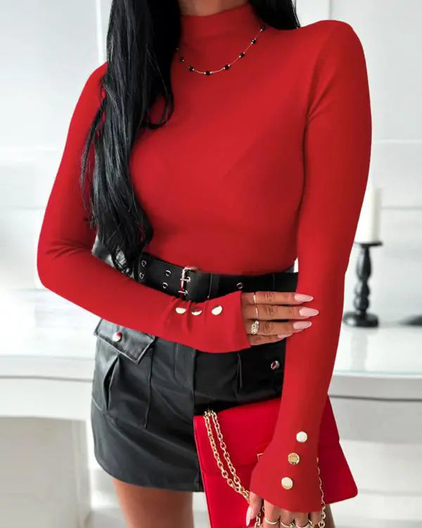 Mock Neck Long Sleeve Button Detail Shirts Slim Fit Pullover Top