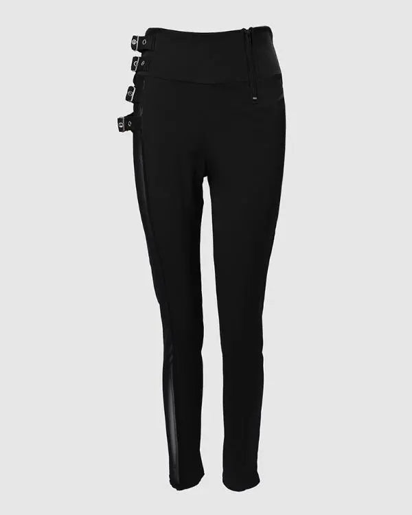 Mesh Patch Buckled High Waist Pants