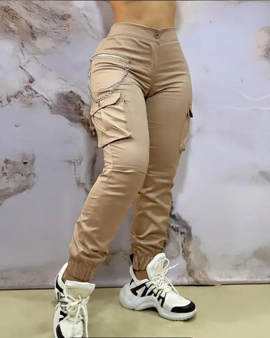 Chain Decor Pocket Design Cuffed Cargo Pants