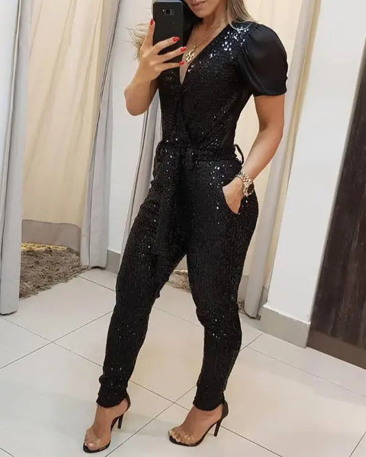 Sequins Plunge Sheer Mesh Short Sleeve Jumpsuit Sexy Sparky Slim Fit Rompers