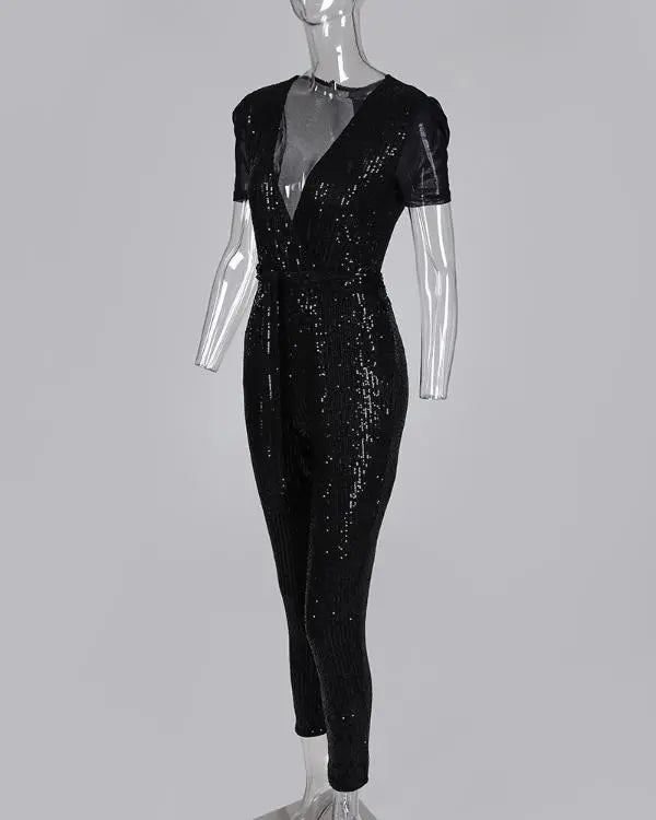 Sequins Plunge Sheer Mesh Short Sleeve Jumpsuit Sexy Sparky Slim Fit Rompers