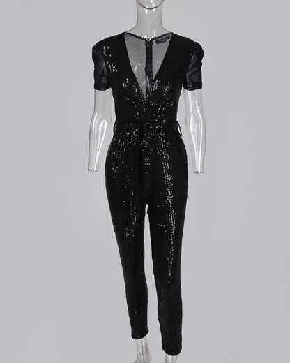 Sequins Plunge Sheer Mesh Short Sleeve Jumpsuit Sexy Sparky Slim Fit Rompers