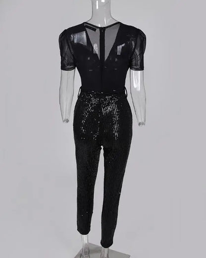 Sequins Plunge Sheer Mesh Short Sleeve Jumpsuit Sexy Sparky Slim Fit Rompers