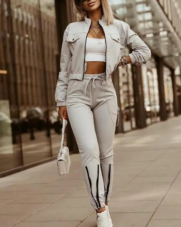 2 Piece Casual Outfit Workout Zip Up Coat Drawstring Waist Track Suits Lounge Sets