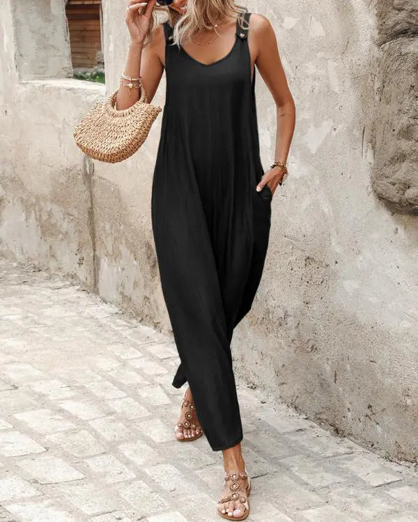 Buttoned Wide Leg Suspender Jumpsuit