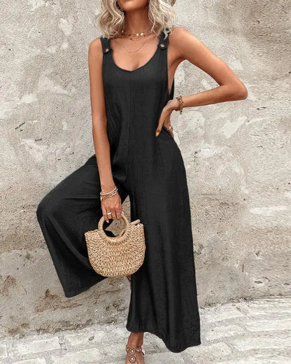 Buttoned Wide Leg Suspender Jumpsuit