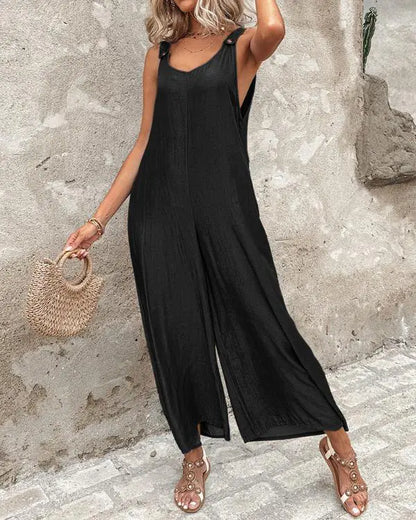 Buttoned Wide Leg Suspender Jumpsuit