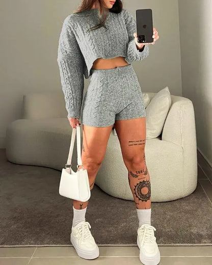 2 Piece Crewneck Long Sleeve Cable Knit Crop Sweater High Waist Shorts Tracksuits Outfits