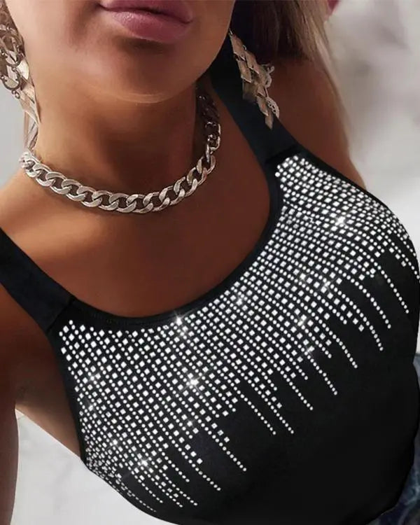 Round Neck Rhinestone Decor Skinny Tank Top