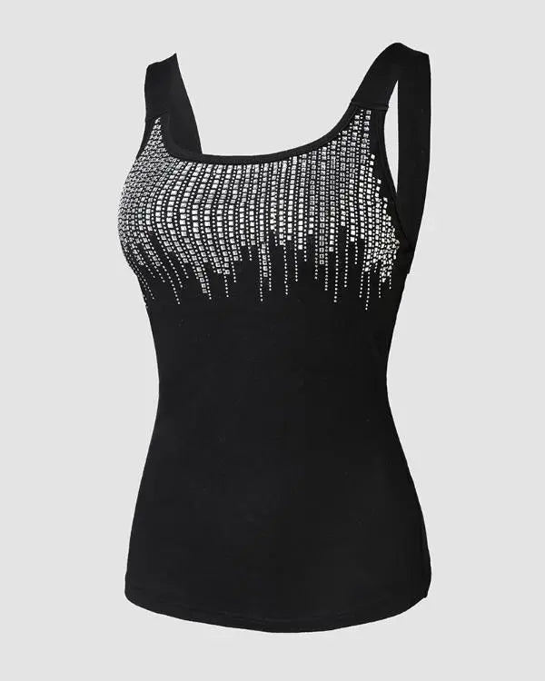 Round Neck Rhinestone Decor Skinny Tank Top