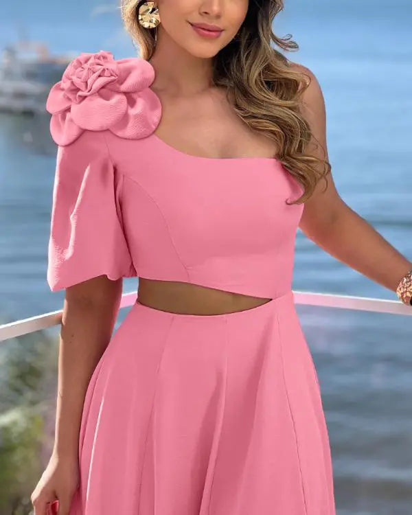 3D Flower Decor One Shoulder Short Sleeve Midi Dress Casual Hollow-out A Line Dress