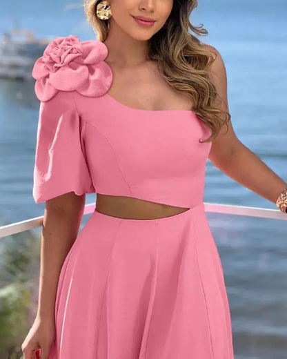 3D Flower Decor One Shoulder Short Sleeve Midi Dress Casual Hollow-out A Line Dress