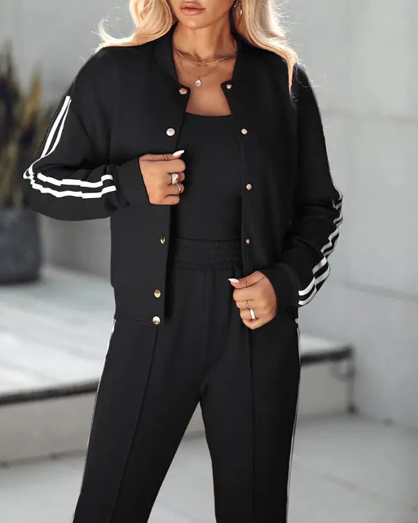 3 Piece Outfits Matching Sets Striped Tape Patch Tank Tops Button Front Jacket Cuffed Pants with Pockets Tracksuit