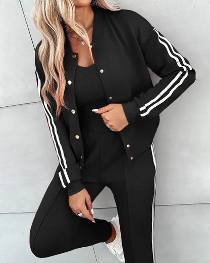 3 Piece Outfits Matching Sets Striped Tape Patch Tank Tops Button Front Jacket Cuffed Pants with Pockets Tracksuit