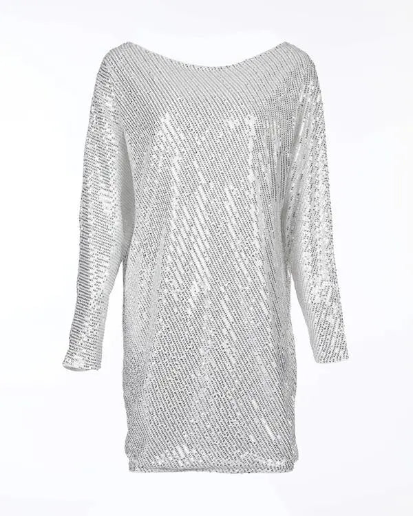 Slash Neck Batwing Sleeve Allover Sequins Dress