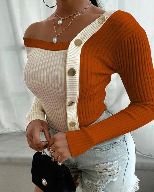 Colorblock Asymmetrical Neck Long Sleeve Button Decor Knit Sweater Tee Pullover Tops