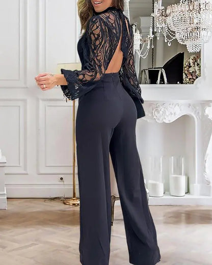 Contrast Lace Stand Collar Tied Detail Backless Straight Pants Lantern Sleeve Jumpsuit Elegant Overall