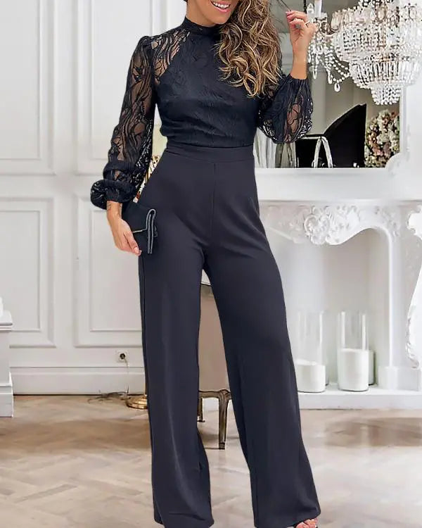 Contrast Lace Stand Collar Tied Detail Backless Straight Pants Lantern Sleeve Jumpsuit Elegant Overall