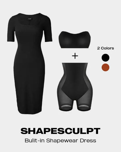 ShapeSculpt Short Sleeve Bodycon Midi Dress BUILT-IN SHAPEWEAR Square Neck Slim Fit Casual Dresses