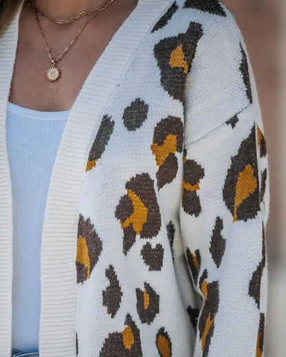 Leopard Pattern Longline Knit Cardigan Open Front Sweater