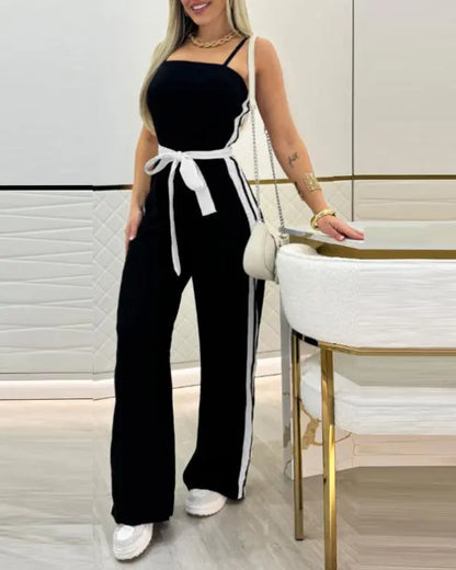 Striped Sleeveless Tied Detail Jumpsuits Spaghetti Strap Casual Wide Leg Rompers