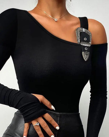 Long Sleeve Slim Fit Tops Casual Cold Shoulder Buckled Blouse Shirts