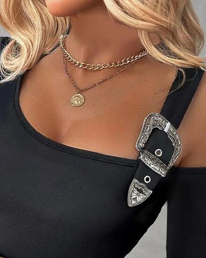 Long Sleeve Slim Fit Tops Casual Cold Shoulder Buckled Blouse Shirts