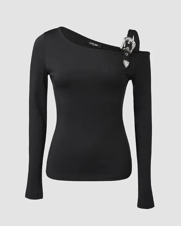 Long Sleeve Slim Fit Tops Casual Cold Shoulder Buckled Blouse Shirts