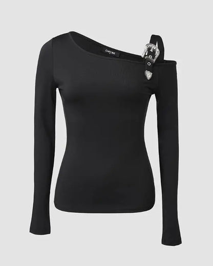 Long Sleeve Slim Fit Tops Casual Cold Shoulder Buckled Blouse Shirts