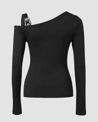Long Sleeve Slim Fit Tops Casual Cold Shoulder Buckled Blouse Shirts