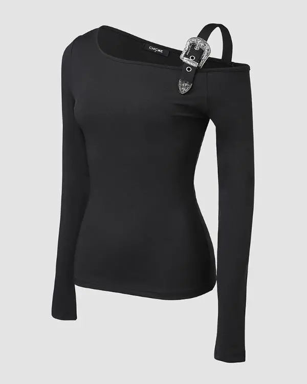 Long Sleeve Slim Fit Tops Casual Cold Shoulder Buckled Blouse Shirts