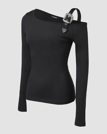 Long Sleeve Slim Fit Tops Casual Cold Shoulder Buckled Blouse Shirts