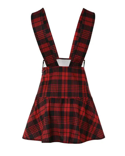 Button Design Plaid Print Suspender Skirt