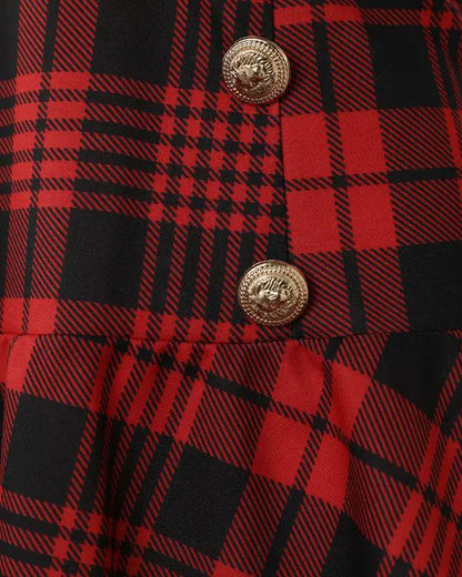 Button Design Plaid Print Suspender Skirt