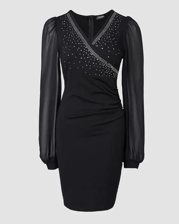 Chiffon Long Sleeve V-Neck Bodycon Dress Rhinestone Decor Mini Dress