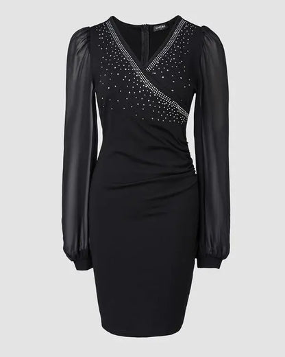 Chiffon Long Sleeve V-Neck Bodycon Dress Rhinestone Decor Mini Dress
