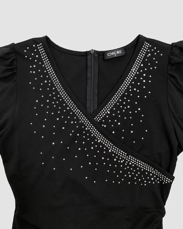 Chiffon Long Sleeve V-Neck Bodycon Dress Rhinestone Decor Mini Dress