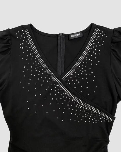 Chiffon Long Sleeve V-Neck Bodycon Dress Rhinestone Decor Mini Dress