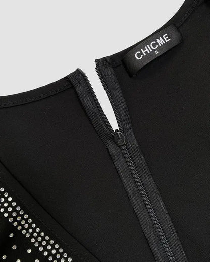 Chiffon Long Sleeve V-Neck Bodycon Dress Rhinestone Decor Mini Dress